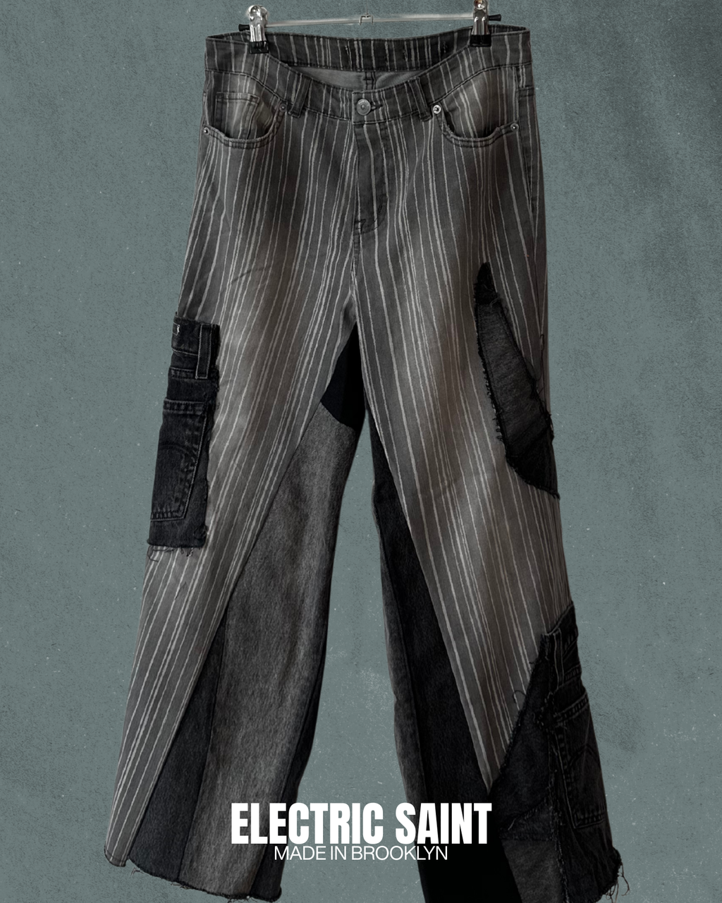 BLACK GRAY DENIM PATCHWORK PANTS
