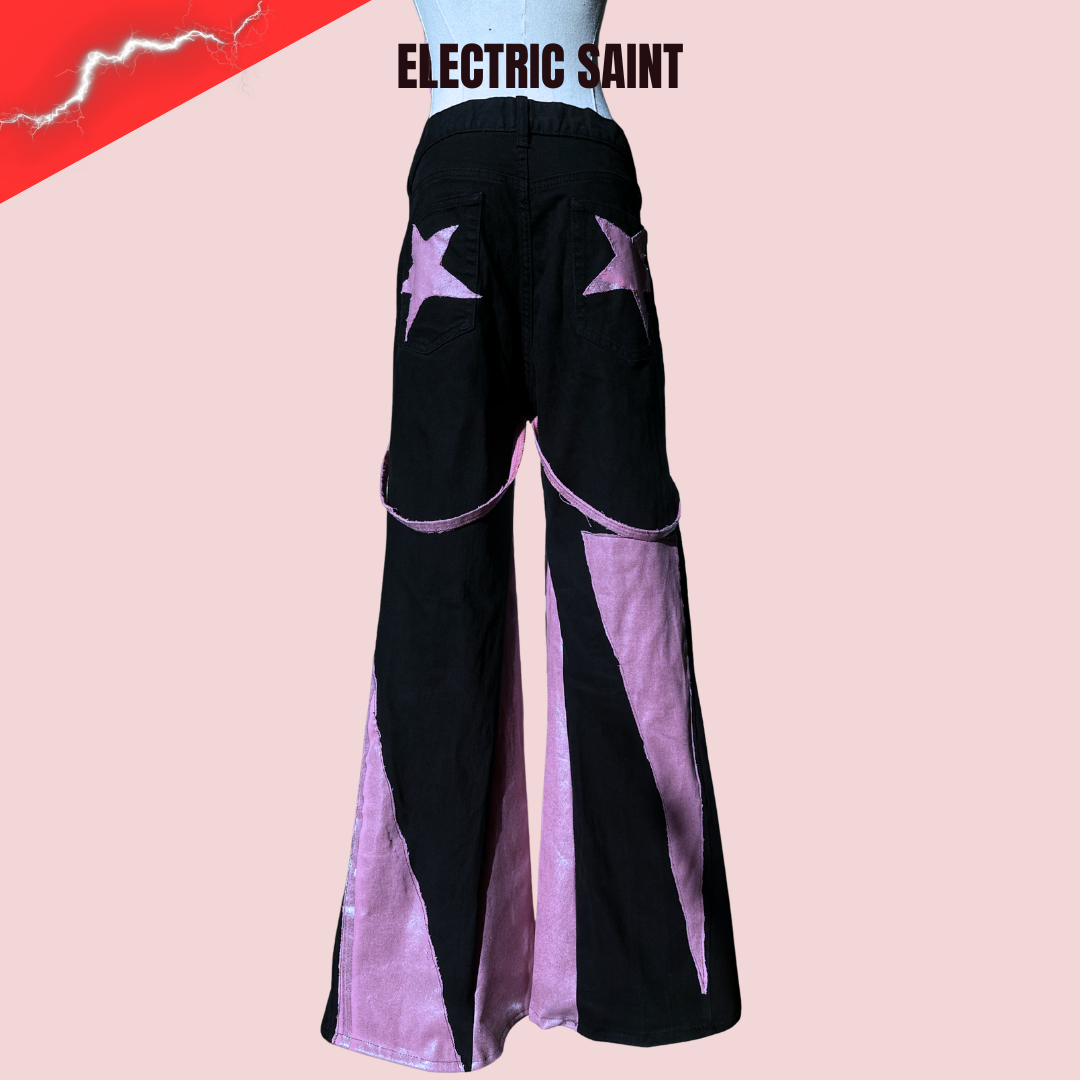Pink Bell Bottom Jeans – Y2K Iridescent Upcycled Flare Pants