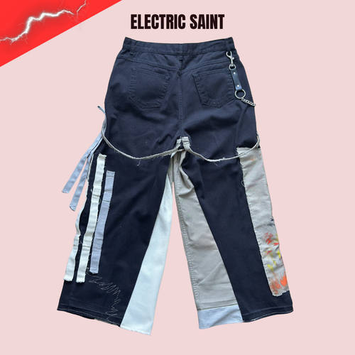 Upcycled Denim Pants – Hand Painted Patchwork with Chain Detail